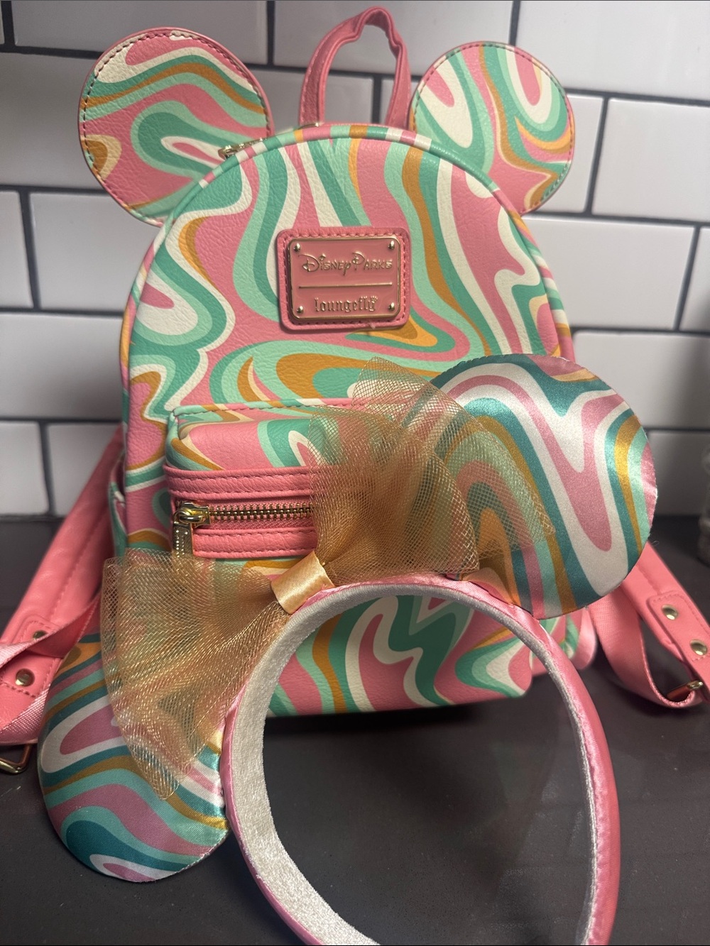 Loungefly Disney Parks Pink Swirl Mini Backpack and Ear Duo